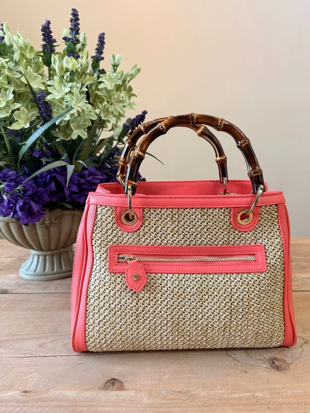 Spartina 449 Coral Woven Bamboo Handle Tote & Matching Wallet Set EUC